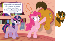 Size: 4718x2933 | Tagged: safe, artist:aleximusprime, pinkie pie, twilight sparkle, oc, oc:alex the chubby pony, alicorn, earth pony, pony, g4, book, breaking the fourth wall, butt, chubby, earth pony oc, escape, facial hair, failed attempt, fat, flank, fourth wall, goatee, golden oaks library, large butt, library, physically impossible, physics, plot, plump, pushing, stuck, too fat to get through, twilight sparkle (alicorn)