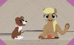 Size: 1325x809 | Tagged: safe, artist:the-brightest-sunny-days, applejack, winona, dog, earth pony, pony, g4, alternate hairstyle, animated, apple, crossover, crying, food, gif, hatless, knife, missing accessory, paper eyes, poradnik uśmiechu, subtitles, table, tv show