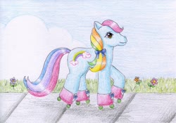 Size: 900x630 | Tagged: safe, artist:normaleeinsane, rainbow dash (g3), pony, g3, bow, female, hair bow, roller skates, solo, traditional art
