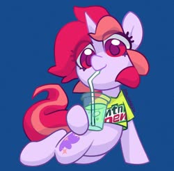 Size: 1902x1869 | Tagged: safe, artist:dawnfire, part of a set, oc, oc only, oc:dawnfire, pony, unicorn, bendy straw, clothes, cup, drinking, drinking straw, eye clipping through hair, female, looking at you, lying down, mare, mountain dew, shirt, solo, straw