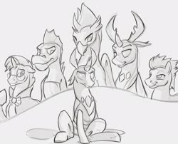 Size: 2479x2003 | Tagged: safe, artist:kam, garble, pharynx, sky beak, soarin', sunburst, thorax, changedling, changeling, classical hippogriff, dragon, hippogriff, pony, unicorn, g4, black and white, changedling brothers, grayscale, high res, implied gay, implied incest, king thorax, lineart, monochrome, piper perri surrounded, prince pharynx