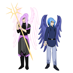 Size: 8000x8000 | Tagged: safe, alternate version, artist:deroach, princess celestia, princess luna, human, equestria project humanized, g4, alternate design, clothes, duo, fanfic, fanfic art, female, humanized, pink-mane celestia, royal sisters, simple background, staff, transparent background, winged humanization, wings