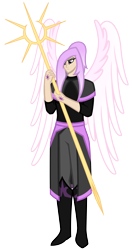 Size: 4000x7500 | Tagged: safe, alternate version, artist:deroach, princess celestia, human, equestria project humanized, g4, alternate design, clothes, fanfic, fanfic art, female, humanized, pink-mane celestia, simple background, solo, staff, transparent background, winged humanization, wings