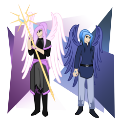 Size: 8000x8000 | Tagged: safe, alternate version, artist:deroach, princess celestia, princess luna, human, equestria project humanized, g4, abstract background, alternate design, clothes, duo, fanfic, fanfic art, female, gradient background, humanized, pink-mane celestia, royal sisters, simple background, staff, transparent background, winged humanization, wings