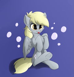 Size: 855x900 | Tagged: safe, artist:d.w.h.cn, derpibooru exclusive, derpy hooves, pegasus, pony, g4, :p, blushing, bubble, cheek fluff, chest fluff, cute, derpabetes, ear fluff, female, hooves to the chest, mare, simple background, sitting, solo, tongue out