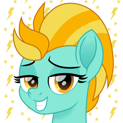 Size: 1500x1500 | Tagged: safe, artist:cloudy glow, lightning dust, pegasus, pony, g4, bust, female, lidded eyes, lightning, looking at you, mare, movie accurate, simple background, smiling, smiling at you, solo, stars, white background
