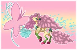 Size: 1280x838 | Tagged: safe, artist:faerie-starv, fluttershy, pony, unicorn, g4, cutie mark, female, flower, flower in hair, fluttershy (g5 concept leak), g5 concept leak style, g5 concept leaks, hooves, leonine tail, mare, rearing, redesign, simple background, solo, unicorn fluttershy
