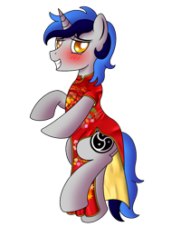 Size: 800x1000 | Tagged: safe, artist:cappie, oc, oc only, oc:cappie, pony, blushing, cheongsam, chinese dress, clothes, crossdressing, dress, male, satin, silk, simple background, solo, stallion, transparent background