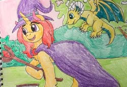 Size: 400x275 | Tagged: safe, artist:wolfspiritclan, oc, oc:redmoon, dragon, pony, unicorn, ponyfinder, baby, baby dragon, book, cloak, clothes, dungeons and dragons, female, hat, mage, mare, pen and paper rpg, rpg, spellbook, staff, traditional art, witch, wizard, wizard hat