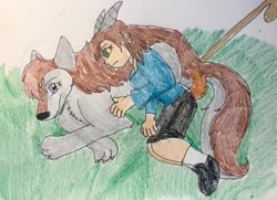 Size: 400x290 | Tagged: safe, artist:wolfspiritclan, oc, oc:goat, oc:mika, human, humanoid, wolf, ponyfinder, animal tail, dungeons and dragons, female, goat horns, humanized, pen and paper rpg, rpg, siblings, sisters, traditional art