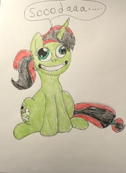 Size: 1536x2108 | Tagged: safe, oc, oc only, oc:cassie micheals, pony, unicorn, addiction, female, mare, silly face, soda addict, solo, traditional art
