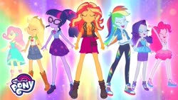 Size: 1280x720 | Tagged: safe, screencap, applejack, fluttershy, pinkie pie, rainbow dash, rarity, sci-twi, sunset shimmer, twilight sparkle, cheer you on, equestria girls, g4, my little pony equestria girls: better together, converse, female, humane five, humane seven, humane six, rarity peplum dress, shoes