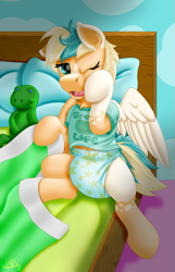 Size: 825x1280 | Tagged: safe, artist:wittleskaj, oc, oc only, oc:sun light, frog, pegasus, pony, bed, clothes, cute, diaper, female, filly, foal, morning, pegasus oc, plushie, pullup (diaper), shirt, sleepy, wings, yawn