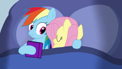 Size: 1920x1080 | Tagged: safe, artist:kazamacat, fluttershy, rainbow dash, pegasus, pony, fanfic:the master mev, g4, bed, book, cuddling, duo, duo female, fanfic art, female, lesbian, ship:flutterdash, shipping, show accurate, sweet