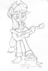 Size: 774x1141 | Tagged: safe, artist:dertikleen, applejack, earth pony, anthro, plantigrade anthro, g4, acoustic guitar, barefoot, barefooting, clothes, denim, feet, female, fetish, foot fetish, foot tapping, guitar, jeans, monochrome, musical instrument, pants, solo, tapping, traditional art, tree stump