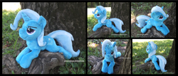 Size: 4102x1754 | Tagged: safe, artist:peruserofpieces, trixie, pony, unicorn, g4, beanie (plushie), female, horn, irl, looking at you, mare, photo, plushie, prone, smug, solo, tree