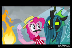 Size: 1288x858 | Tagged: safe, edit, edited screencap, editor:teren rogriss, screencap, mean twilight sparkle, pinkie pie, queen chrysalis, changeling, changeling queen, earth pony, pony, frenemies (episode), g4, the ending of the end, fake moustache, female, fire, log, twilog, ultimate chrysalis, wood