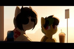 Size: 1117x743 | Tagged: safe, artist:shinodage, oc, oc only, oc:apogee, oc:delta vee, pegasus, pony, alcohol, beer, beer can, clothes, duo, female, freckles, letterboxing, mother and child, mother and daughter, shirt, smiling, sunglasses, widescreen