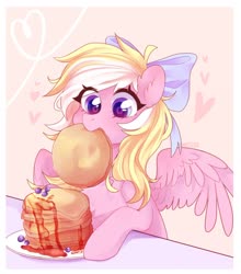 Size: 1354x1536 | Tagged: safe, artist:whiteliar, oc, oc only, oc:bay breeze, pegasus, pony, blushing, bow, chest fluff, cute, ear fluff, female, food, hair bow, mare, nom, ocbetes, pancakes, simple background, weapons-grade cute