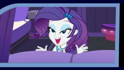 Size: 1920x1080 | Tagged: safe, screencap, rarity, human, driving miss shimmer, driving miss shimmer: rarity, equestria girls, g4, my little pony equestria girls: better together, cute, female, geode of shielding, lidded eyes, limousine, magical geodes, open mouth, raribetes, smiling, solo