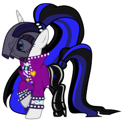 Size: 4365x4366 | Tagged: safe, artist:severity-gray, coloratura, oc, oc only, oc:coldlight bluestar, pony, unicorn, g4, the mane attraction, absurd resolution, bracelet, clothes, collar, countess coloratura, female, jewelry, latex, latex pants, makeup, mare, pants, ponytail, rubber, simple background, singer, solo, tail, transparent background, veil