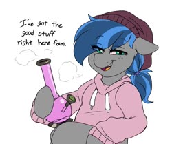 Size: 1195x1000 | Tagged: safe, artist:littlebibbo, oc, oc only, oc:bibbo, pegasus, pony, beanie, bong, clothes, drugs, female, floppy ears, freckles, hat, high, holding, hoodie, lidded eyes, looking at you, mare, marijuana, smiling, smoke, solo, stoned