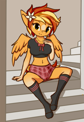 Size: 829x1200 | Tagged: safe, artist:karat3l, part of a set, oc, oc only, oc:serenity, pegasus, anthro, unguligrade anthro, belly button, clothes, commission, cute, female, looking at you, midriff, miniskirt, plaid skirt, short shirt, sitting, skirt, smiling, socks, solo, stairs