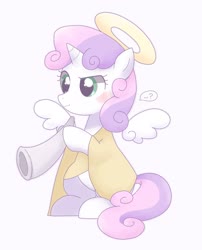 Size: 1654x2048 | Tagged: dead source, safe, artist:ginmaruxx, sweetie belle, angel, pony, unicorn, g4, ..., angelic wings, blushing, clothes, confused, costume, cute, diasweetes, female, filly, floating wings, halo, hoof hold, horn, musical instrument, outfit, question mark, simple background, solo, speech bubble, technically alicorn, white background, wings