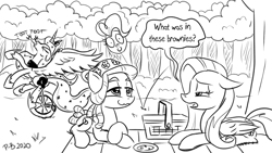Size: 1200x675 | Tagged: safe, artist:pony-berserker, fluttershy, pinkie pie, princess luna, tree hugger, alicorn, earth pony, pegasus, pony, pony-berserker's twitter sketches, g4, basket, drug use, drugs, flutterhigh, forest, high, kazoo, luna riding a unicycle while playing a kazoo, monochrome, musical instrument, picnic, picnic basket, pot brownies, sketch, tree, unicycle