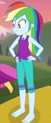 Size: 237x574 | Tagged: safe, screencap, rainbow dash, sunset shimmer, equestria girls, g4, my little pony equestria girls: choose your own ending, wake up!, wake up!: rainbow dash, barefoot, clothes, cropped, cute, dashabetes, feet, female, geode of super speed, grin, hand on hip, jewelry, knot, magical geodes, necklace, nudity, offscreen character, pants, penis, shirt, sleeveless, sleeveless shirt, smiling, solo, tank top, yoga, yoga mat, yoga pants