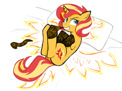 Size: 1118x838 | Tagged: safe, artist:sallycars, sunset shimmer, pony, unicorn, g4, clothes, female, legitimately amazing mspaint, mouth hold, ms paint, on back, pillow, smiling, socks, solo, sunset shimmer day, undressing
