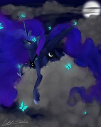 Size: 900x1125 | Tagged: safe, artist:sommerlilly05, princess luna, alicorn, butterfly, pony, g4, cloud, female, horn, mare, moon, night, solo, wings