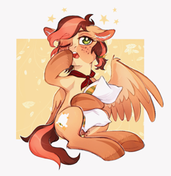 Size: 1405x1446 | Tagged: safe, artist:ls_skylight, oc, oc only, pegasus, pony, coat markings, ear fluff, female, freckles, mare, neckerchief, pigtails, pillow, simple background, sitting, solo, unshorn fetlocks, yawn
