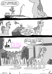Size: 1240x1754 | Tagged: safe, artist:lunarcakez, phyllis, spike, starlight glimmer, twilight sparkle, alicorn, pony, comic:a dim glow, g4, bag, comic, inkwell, magic, monochrome, partial color, quill, saddle bag, twilight sparkle (alicorn), watering can