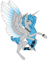 Size: 1024x1274 | Tagged: safe, artist:clarissa0210, oc, oc only, oc:moonbeam zodiac, alicorn, pony, alicorn oc, colored wings, colored wingtips, ear piercing, female, horn, leg warmers, mare, one eye closed, piercing, simple background, solo, spiked wristband, transparent background, wink, wristband