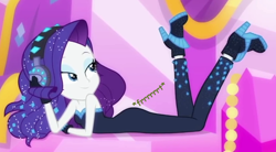 Size: 834x460 | Tagged: safe, artist:thedarkpony, edit, edited screencap, screencap, rarity, equestria girls, the other side, cropped, fart, fart edit, fart noise, female, onomatopoeia, solo, sound effects, unitard