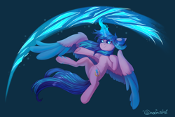 Size: 3444x2298 | Tagged: safe, artist:neonishe, oc, oc only, oc:neon star, alicorn, pony, alicorn oc, colored wings, colored wingtips, female, flying, glowing horn, high res, horn, magic, simple background, solo