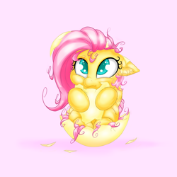 Size: 2500x2500 | Tagged: safe, artist:rurihal, fluttershy, pegasus, pony, g4, cute, ear fluff, egg, female, hatching, high res, mare, messy mane, pink background, shyabetes, simple background, solo