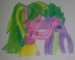 Size: 2017x1626 | Tagged: safe, artist:ulisesramirez132, lemon zest, spike, equestria girls, g4, female, hand on cheek, kissing, male, shadowbolts, shipping, spike gets all the crystal prep, spikezest, straight, traditional art