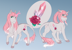 Size: 2935x2016 | Tagged: safe, artist:askbubblelee, oc, oc only, oc:rosie quartz, pony, unicorn, blushing, curved horn, digital art, dorsal stripe, female, glowing horn, gradient background, high res, horn, leonine tail, mare, reference sheet, solo