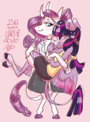 Size: 1920x2605 | Tagged: safe, artist:laps-sp, rarity, twilight sparkle, alicorn, anthro, unguligrade anthro, g4, bracelet, bridal carry, carrying, clothes, female, horn, horn ring, jewelry, lesbian, necklace, pink background, ship:rarilight, shipping, shirt, signature, simple background, skirt, twilight sparkle (alicorn)
