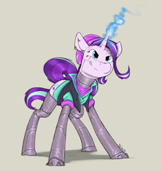 Size: 900x950 | Tagged: safe, artist:sinrar, starlight glimmer, cyborg, pony, unicorn, g4, amputee, beanie, clothes, cyberpunk, ear piercing, earring, equestria girls outfit, female, hat, jewelry, magic, mare, piercing, prosthetic limb, prosthetics, quadruple amputee, simple background, sketch, tan background, vest