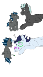 Size: 720x1280 | Tagged: safe, artist:xsugarxwolfiex, soarin', thunderlane, oc, oc:whirlwind, pegasus, pony, g4, chest fluff, crayon, drawing, eyes closed, face doodle, female, filly, gay, magical gay spawn, male, mouth hold, offspring, parent:soarin', parent:thunderlane, parents:soarilane, shipping, simple background, sleeping, soarilane, stallion, white background, wing fluff