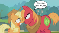 Size: 1280x720 | Tagged: safe, edit, edited screencap, editor:rozyfly10, screencap, applejack, big macintosh, earth pony, pony, g4, pinkie apple pie, apple family member, applecest, blushing, brother and sister, dialogue, female, implied sex, incest, looking at each other, male, mare, ship:applemac, shipping, siblings, speech bubble, stallion, straight, you. me. x. now.