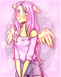 Size: 2000x2500 | Tagged: safe, artist:zefirka, fluttershy, human, g4, blushing, clothes, cute, eared humanization, female, high res, humanized, shyabetes, solo, winged humanization, wings