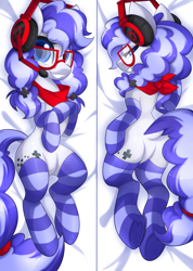 Size: 3000x4218 | Tagged: safe, artist:scarlet-spectrum, oc, oc only, oc:cinnabyte, earth pony, pony, bandana, bed room eyes, body pillow, clothes, female, gaming headset, glasses, headset, mare, pigtails, smiling, socks, solo, striped socks