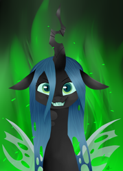 Size: 2500x3500 | Tagged: safe, alternate version, artist:katyusha, queen chrysalis, changeling, changeling queen, g4, cute, cutealis, female, green background, high res, sharp teeth, simple background, solo, teeth, wide smile