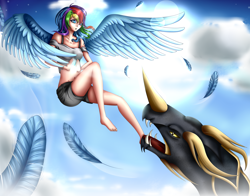 Size: 2768x2167 | Tagged: safe, artist:germanspeeddrawing, rainbow dash, dragon, human, g4, clothes, cloud, feather, fight, flying, high res, humanized, shorts, sky, spread wings, sun, teeth, winged humanization, wings
