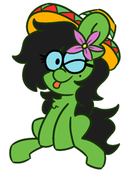 Size: 750x1000 | Tagged: safe, artist:threetwotwo32232, oc, oc only, oc:prickly pears, :p, flower, flower in hair, glasses, hat, looking at you, mole, one eye closed, rule 63, sombrero, tongue out, wink