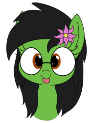 Size: 582x765 | Tagged: safe, artist:wafflecakes, oc, oc only, oc:prickly pears, pony, flower, flower in hair, glasses, looking at you, mole, rule 63, simple background, tongue out, transparent background